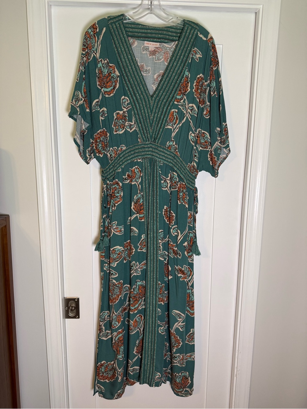 teal floral maxi kaftan dress Knox Rose Green Floral V-Neck smocked waist LARGE